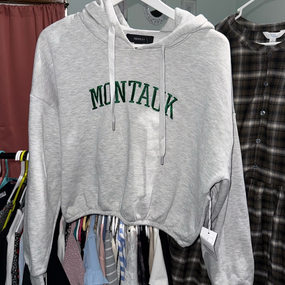 Forever 21 Gray cropped Hoodie with Green Sewn Lettering-NWT